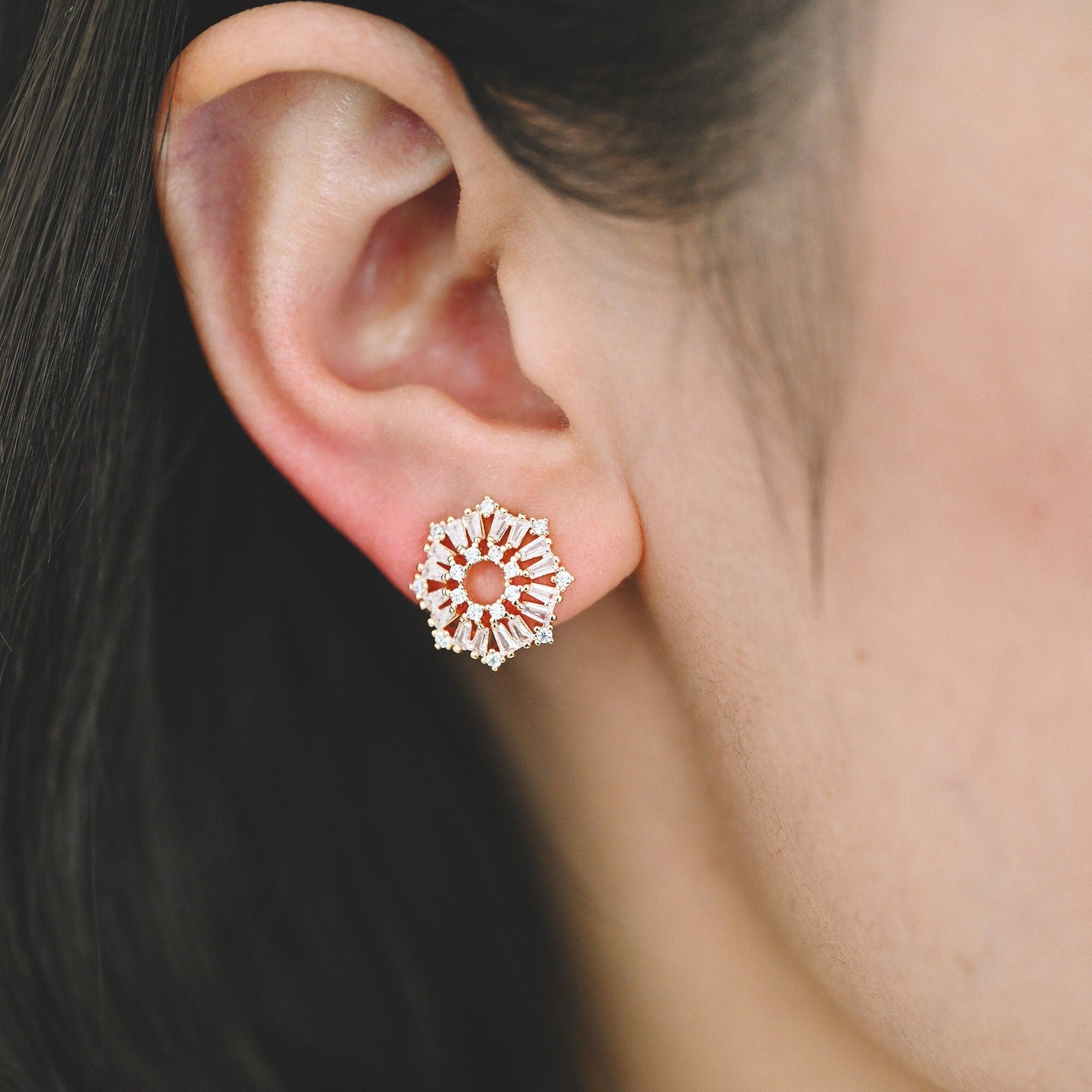 4pcs CZ Pave Gold Flower Earrings 14mm, Gold Plated Brass Stud Earrings (GB-4203)